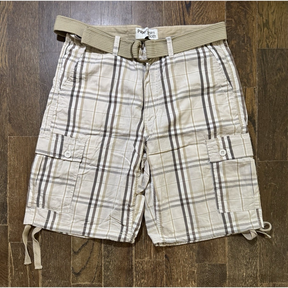 Paper Denim &‎ Cloth Plaid Cargo Shorts Mens 32 Beige Excellent Mid Rise Belted